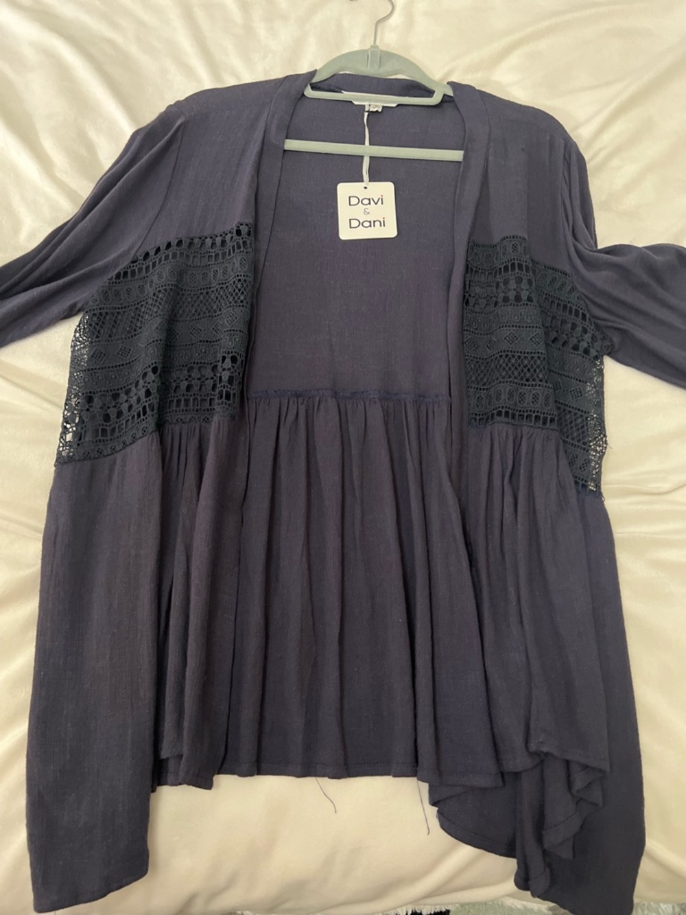 DAVI & DANI Navy Open Crochet-Trim Cardigan